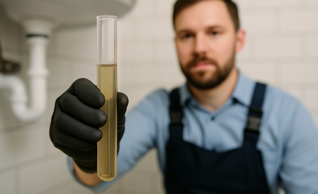 Plumber testing hard or contaminated water in a home.